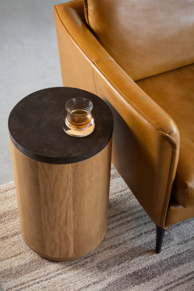 Round side table with removable coffee shell top revealing hidden storage compartment with fabric interior