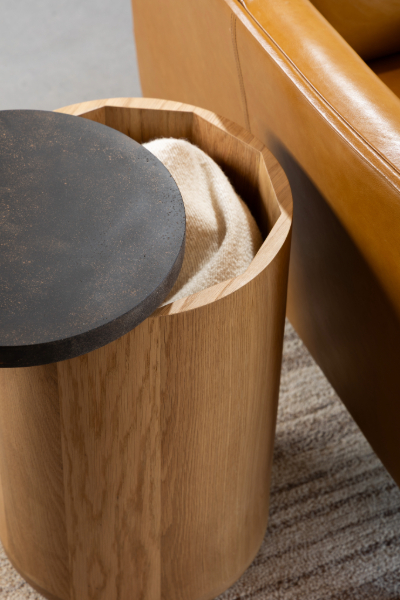 Round side table with removable coffee shell top revealing hidden storage compartment with fabric interior