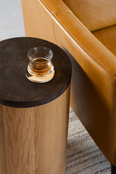 Round side table with removable coffee shell top revealing hidden storage compartment with fabric interior